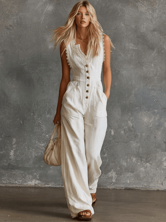 CSS Vintage Western V-neck Lace Trim Cotton Jumpsuit White