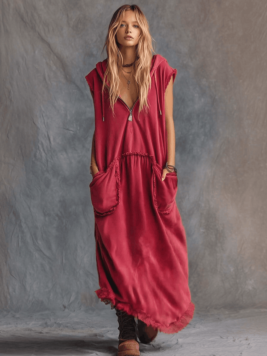 CSS Vintage Sporty Hooded Cotton Maxi Dress With Lace Trim