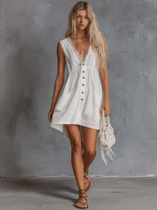 Vintage Western White Cotton Mini Dress With Lace V-Neck Detail