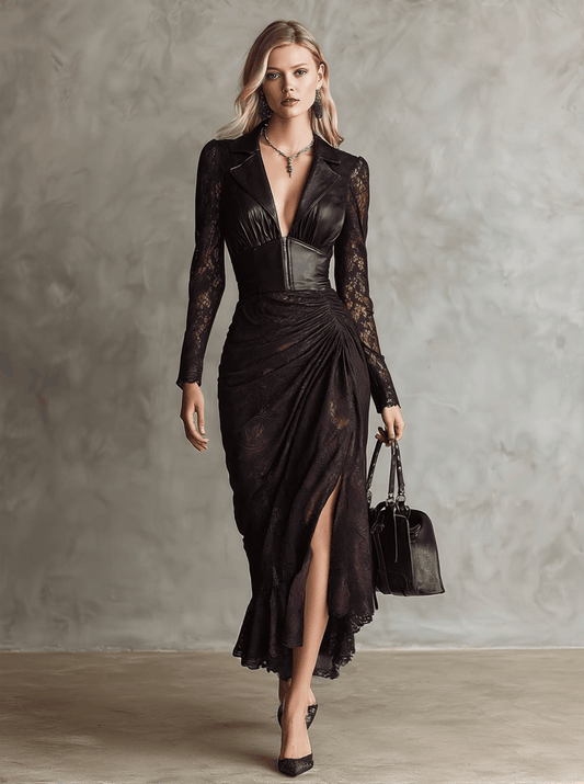 Retro Faux Leather and Lace Long-Sleeved Maxi Dress Brown-Red