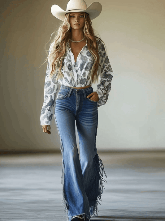 Vintage Blue Flared Fringe Jeans High Waisted Retro Denim Pants