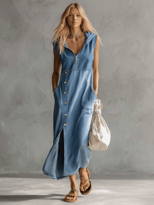 CSS Vintage Hooded Denim Midi Dress with Front Zipper