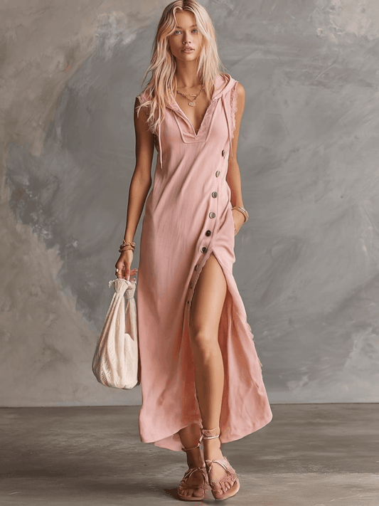 Midi Dress Retro Sporty Hooded Lace Trim Cotton Pink