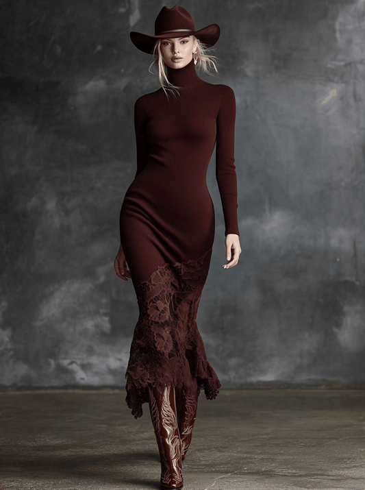Burgundy High-Neck Knitted Maxi Dress With Lace Hem