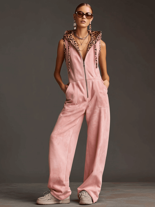 Pink Faux Suede Sleeveless Leopard Print Hooded Wide-Leg Jumpsuit