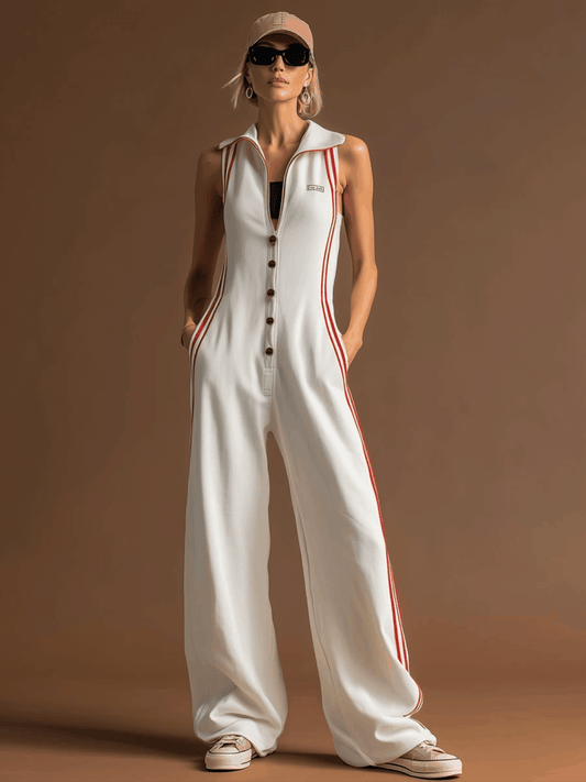 BXL Sporty Retro Sleeveless Jumpsuit with Red Ribbon Accents