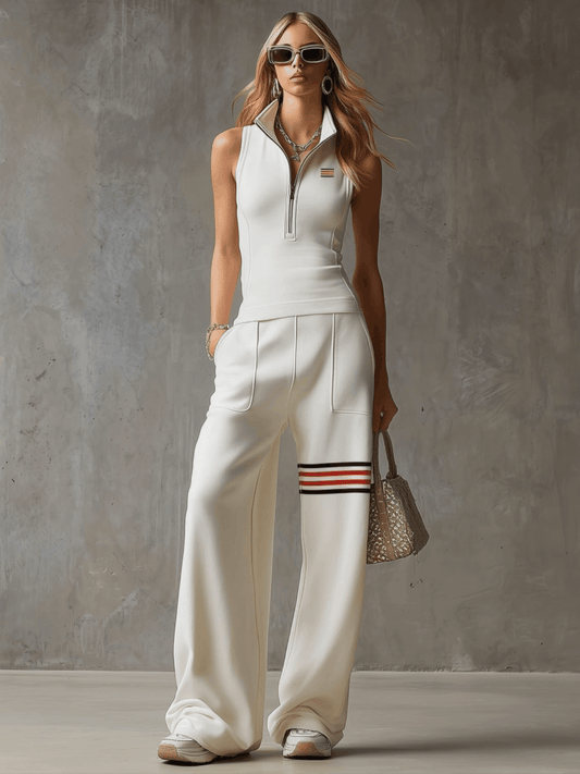 BXL Sporty Retro Striped Embroidered Sleeveless Vest And Pants Set White