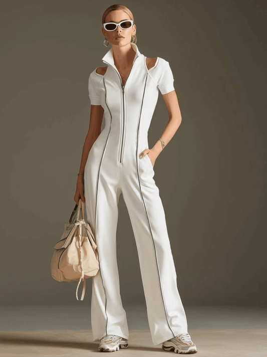 Retro Style White Cotton Blend Wide-Leg Jumpsuit With Openwork Detail