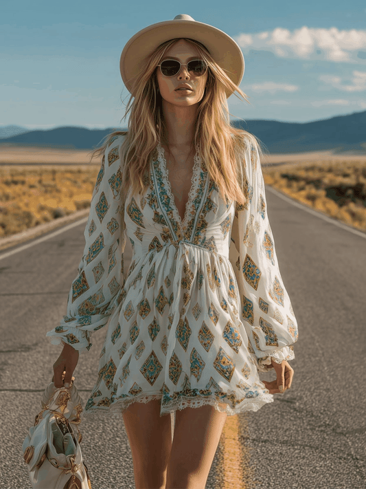 Boho Ethnic Print Chiffon Mini Dress with Lace Trim