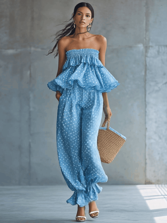 Light Blue Polka-Dot Chiffon Strapless Ruffled Hem Wide-Leg Jumpsuit