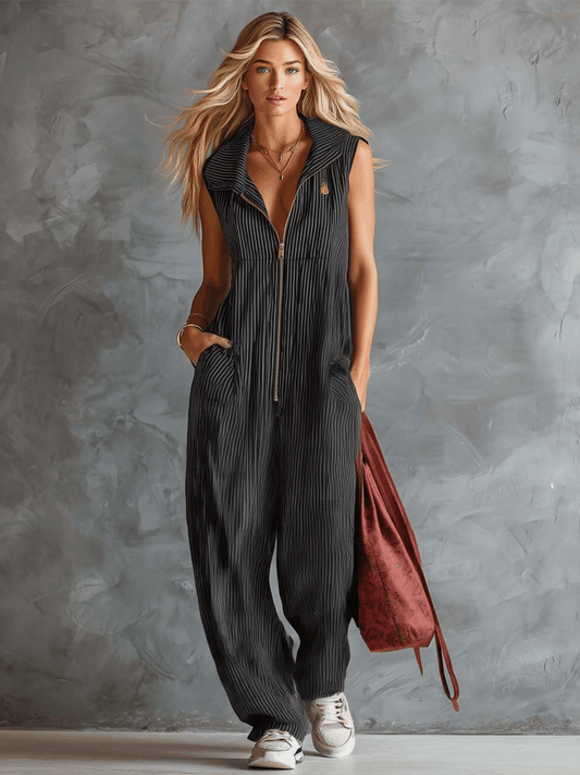 CSS Retro Sporty Black and White Striped Collared Front-Zip Jumpsuit