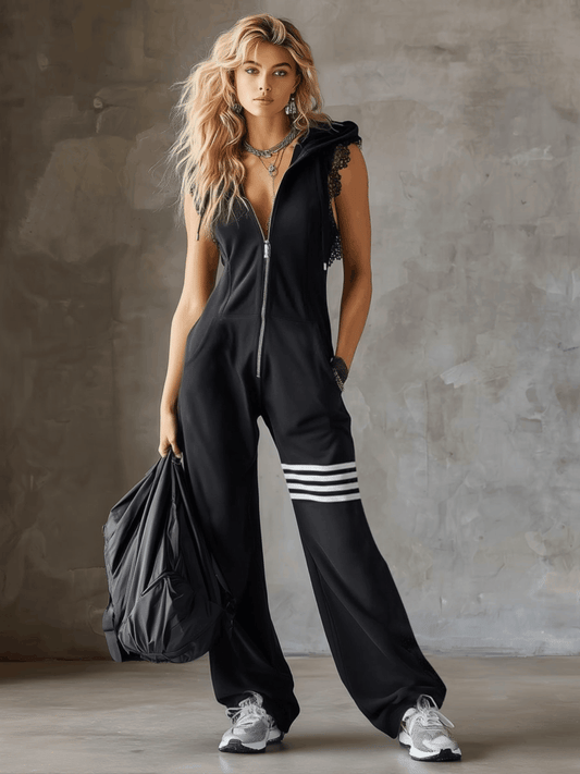BXL Retro Sporty Sleeveless Hooded Jumpsuit with Lace and Pockets