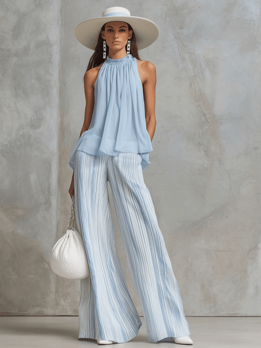 Light Blue Chiffon Sleeveless Top and Striped Wide-leg Pant Set