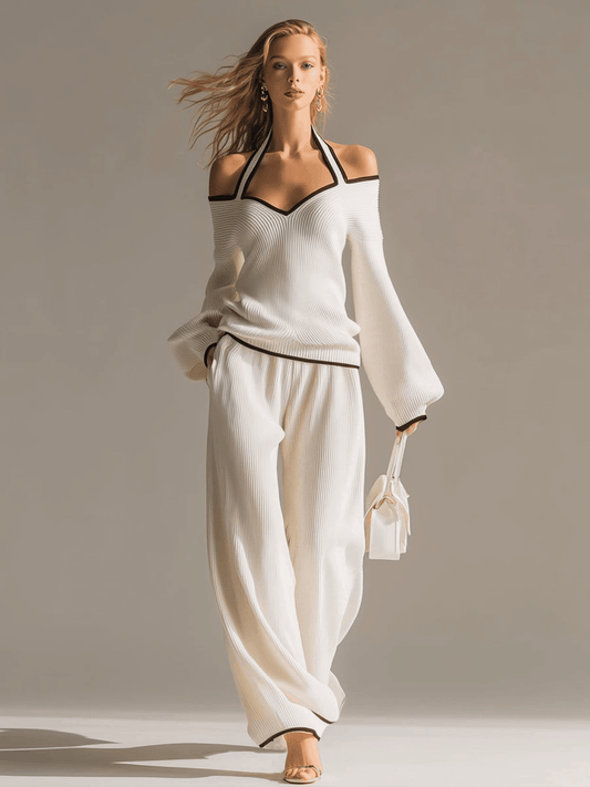 Elegant White Color-blocked Halter Neck Knit Top Pants Set