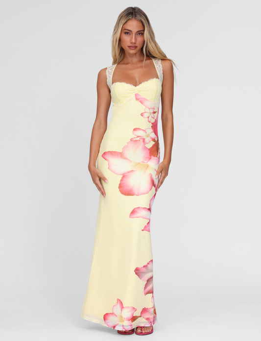 Yellow Floral Wedding Guest Maxi Dress for Women | Summer Open Back Dress