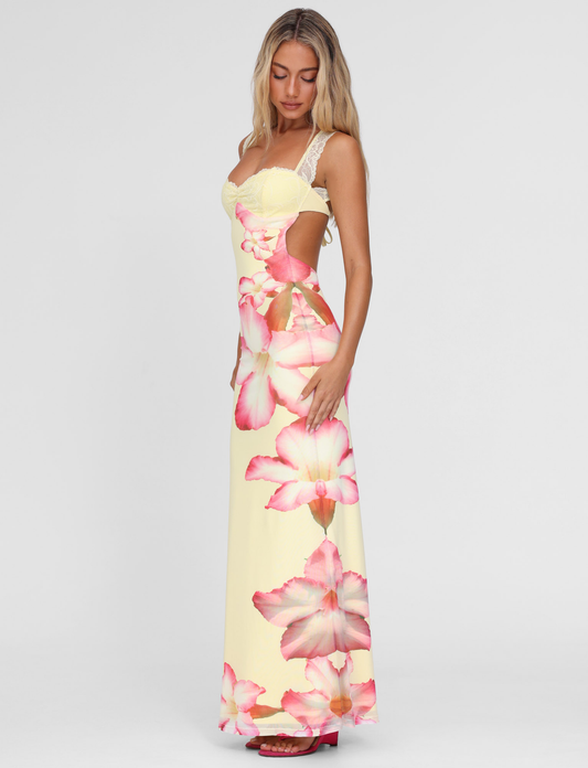 Yellow Floral Wedding Guest Maxi Dress for Women | Summer Open Back Dress - AMELIÈR VORÈ