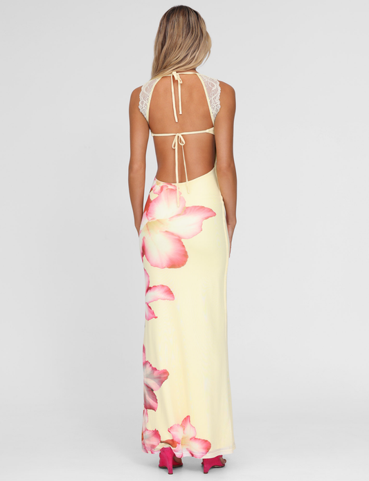 Yellow Floral Wedding Guest Maxi Dress for Women | Summer Open Back Dress - AMELIÈR VORÈ