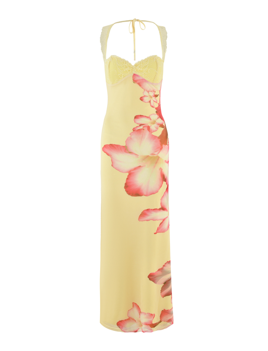 Yellow Floral Wedding Guest Maxi Dress for Women | Summer Open Back Dress - AMELIÈR VORÈ