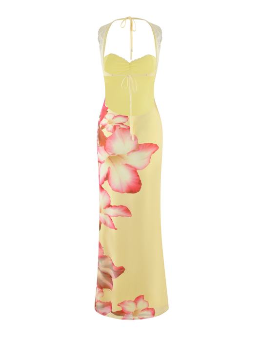 Yellow Floral Wedding Guest Maxi Dress for Women | Summer Open Back Dress - AMELIÈR VORÈ