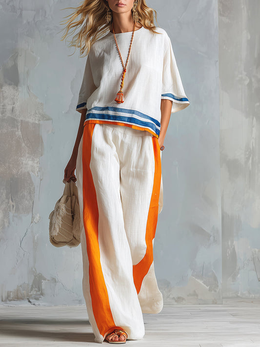 Casual Contrast-Trimmed Cotton-Linen T-Shirt and Wide-Leg Pants Set