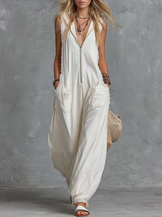 White Cotton Hooded Jumpsuit with Front Zip and Lace Trim