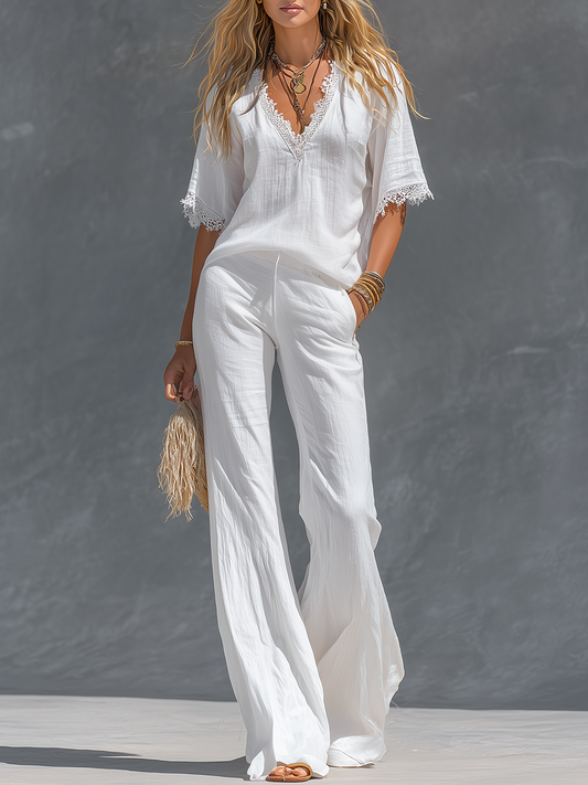 Retro V-Neck Cotton Linen T-Shirt and Wide-Leg Pants Set