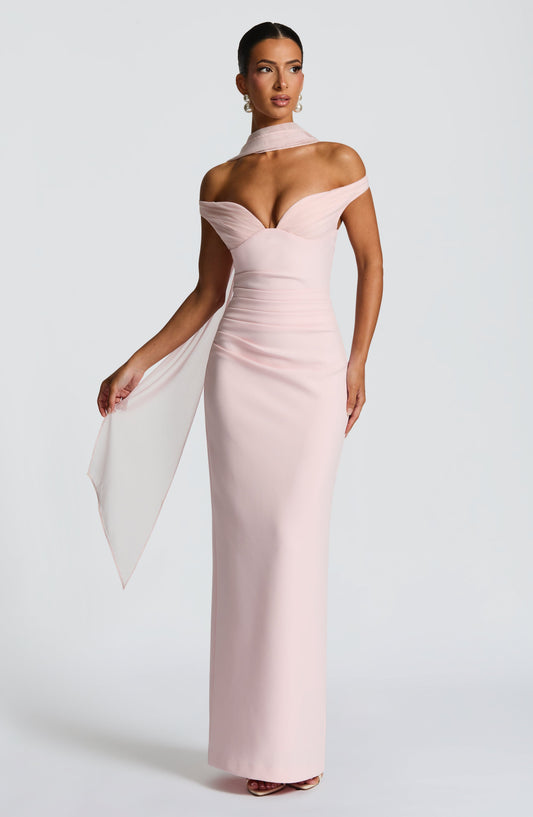 Penelope Maxi Dress Blush Plunging Bardot Column Split – back view