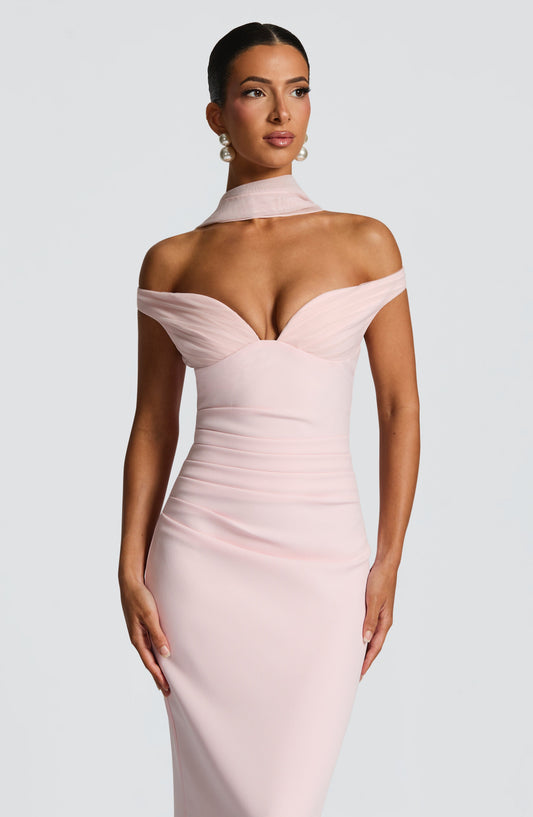 Penelope Maxi Dress Blush Plunging Bardot Column Split – styling detail