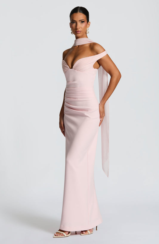 Penelope Maxi Dress Blush Plunging Bardot Column Split – side view