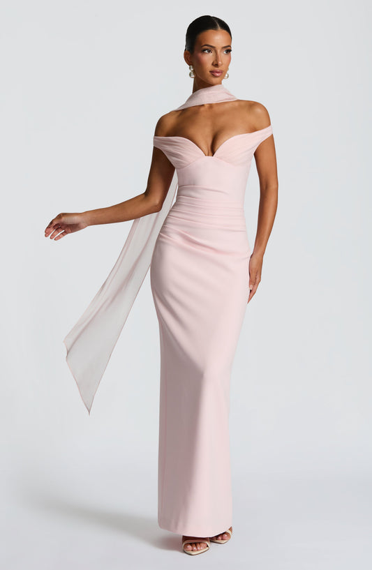 Penelope Maxi Dress Blush Plunging Bardot Column Split – back view