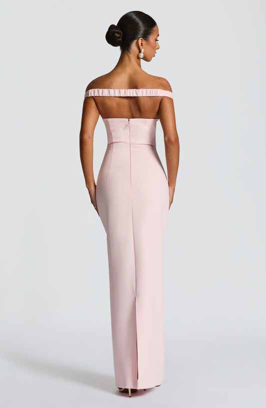 Penelope Maxi Dress Blush Plunging Bardot Column Split – detail view