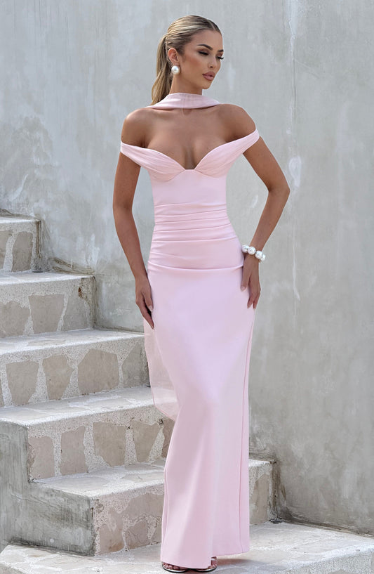 Penelope Maxi Dress Blush Plunging Bardot Column Split – close-up detail