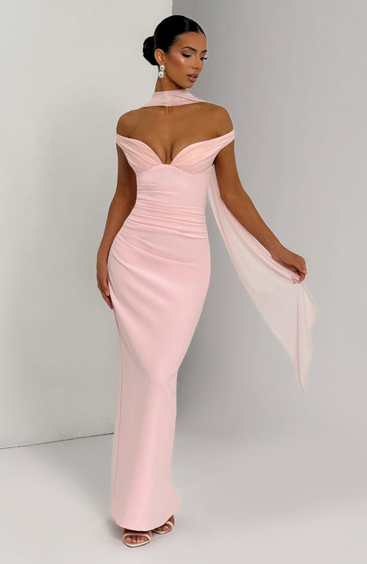 Penelope Maxi Dress Blush Plunging Bardot Column Split – front view