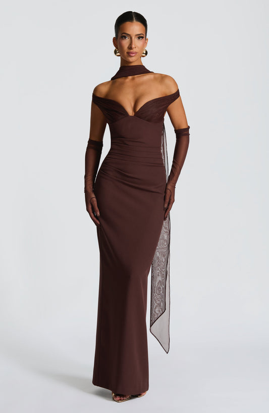 Amelièr Vorè | Penelope Maxi Dress Plum Brown Plunge Bardot
