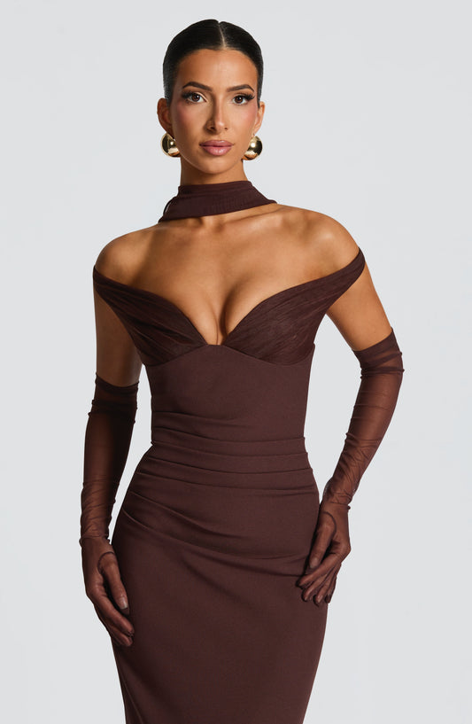 Penelope Maxi Dress Plum Brown Plunge Bardot – detail view