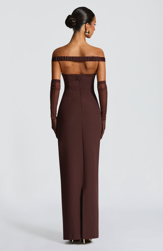 Penelope Maxi Dress Plum Brown Plunge Bardot – back view