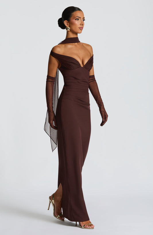 Penelope Maxi Dress Plum Brown Plunge Bardot – back view