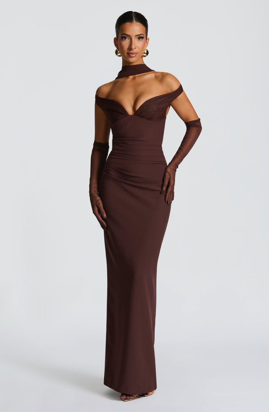 Penelope Maxi Dress Plum Brown Plunge Bardot – side view