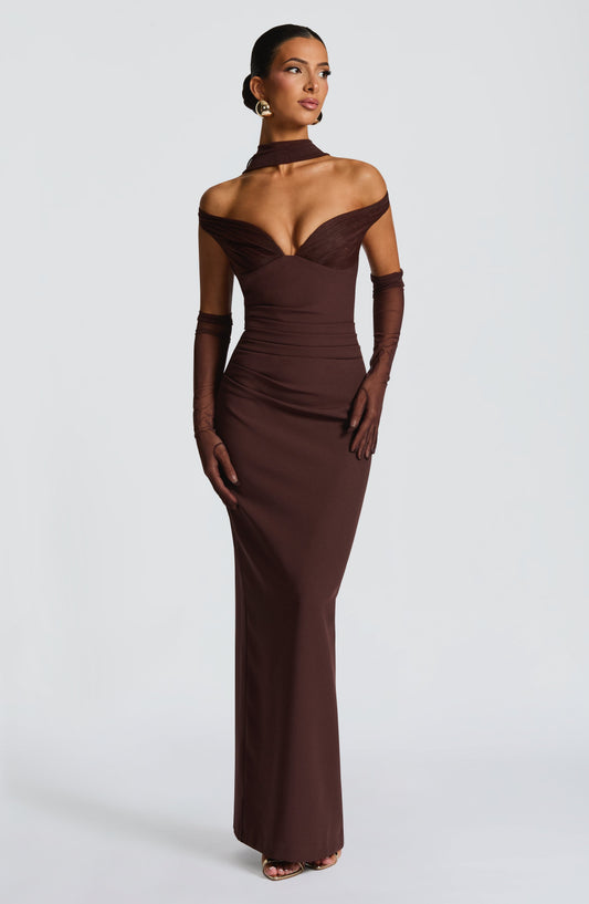 Penelope Maxi Dress Plum Brown Plunge Bardot – front view