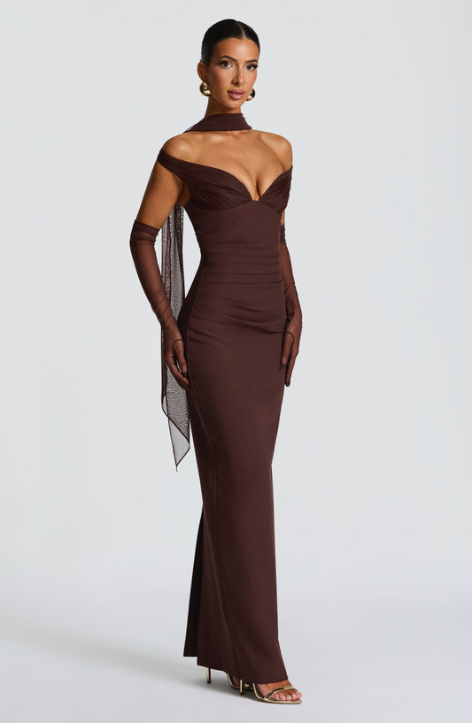 Penelope Maxi Dress Plum Brown Plunge Bardot – side view