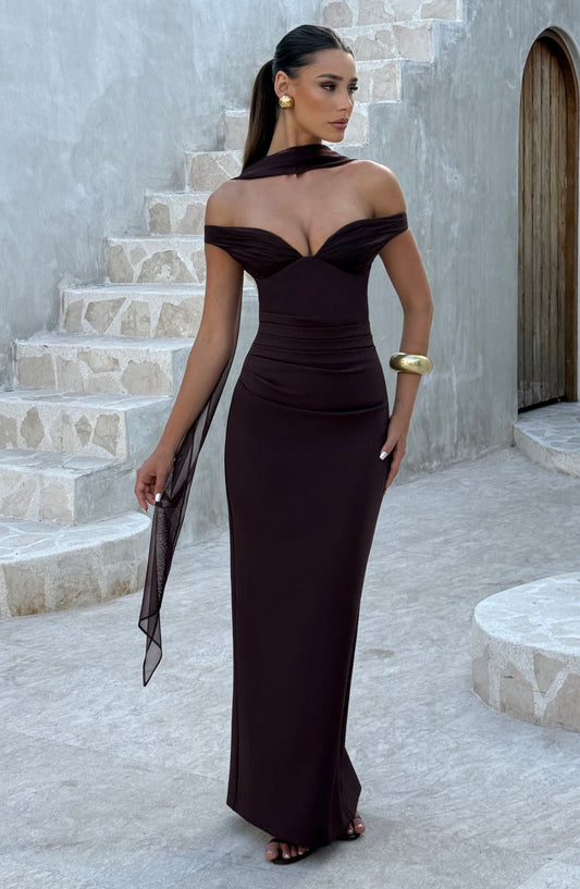 Penelope Maxi Dress Plum Brown Plunge Bardot – styling detail