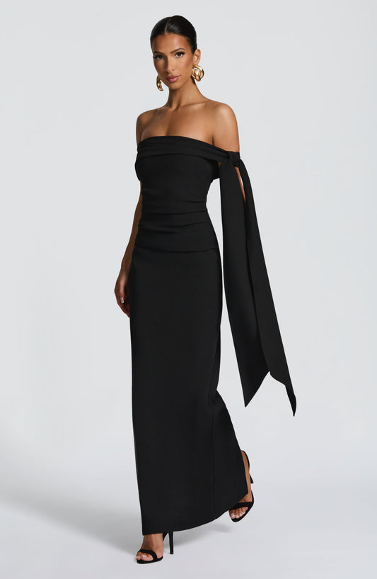 Chloe Maxi Dress Asymmetric Bardot Black – back view