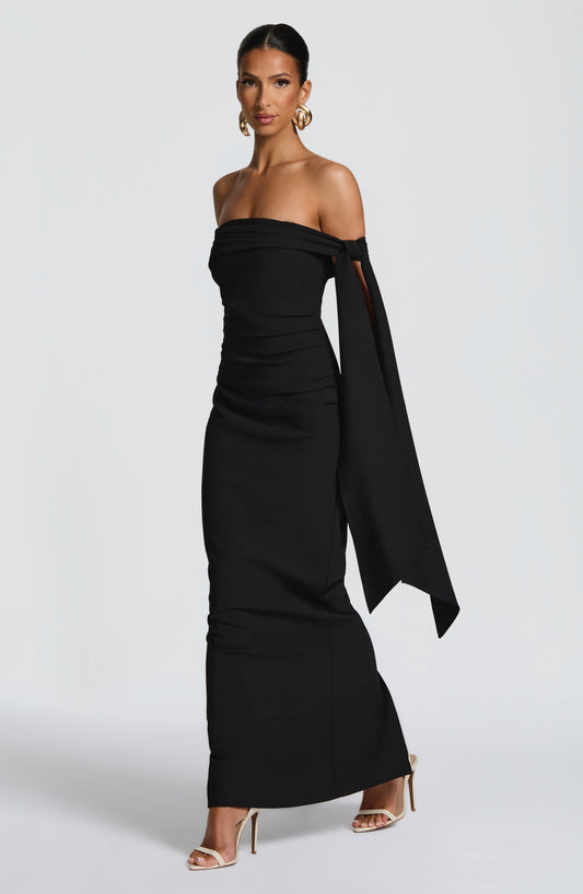 Chloe Maxi Dress Asymmetric Bardot Black – side view