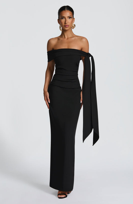 Amelièr Vorè | Chloe Maxi Dress Asymmetric Bardot Black