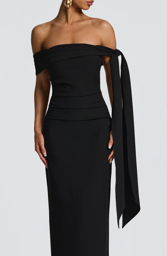 Chloe Maxi Dress Asymmetric Bardot Black – detail view