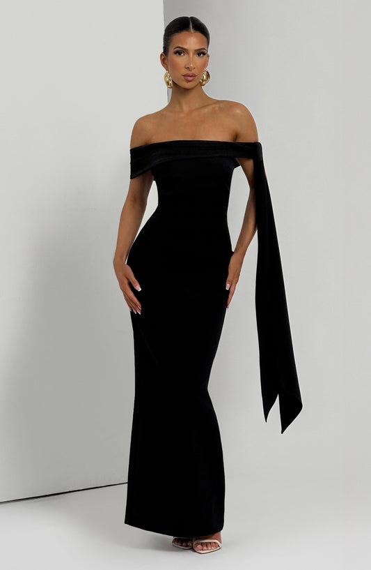 Chloe Maxi Dress Asymmetric Bardot Black – styling detail