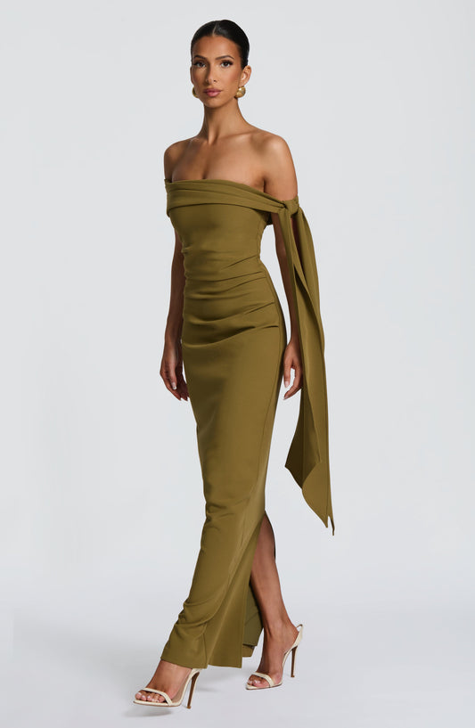 Chloe Maxi Dress Deep Olive Pleated Bardot – back view