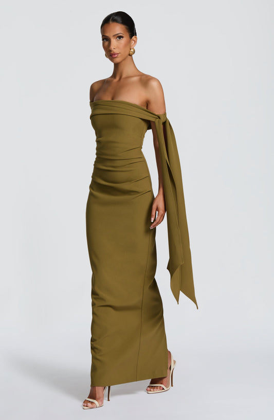 Chloe Maxi Dress Deep Olive Pleated Bardot – side view