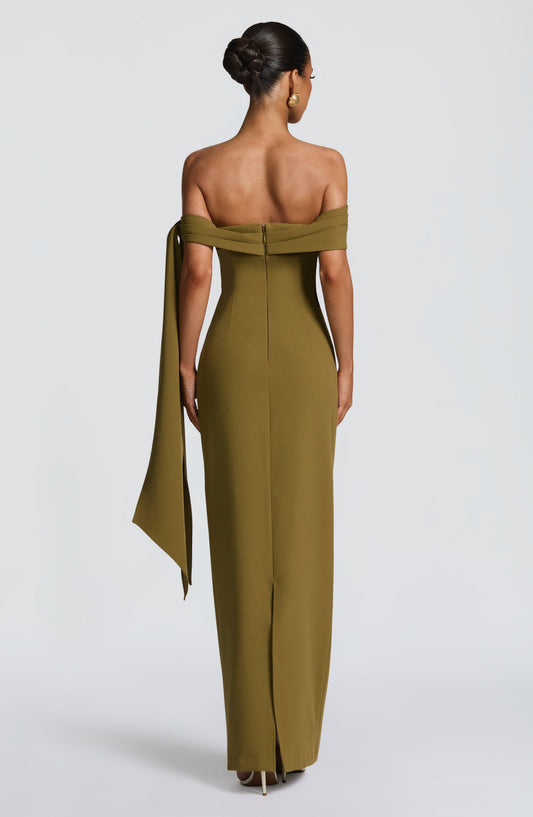 Amelièr Vorè | Chloe Maxi Dress Deep Olive Pleated Bardot
