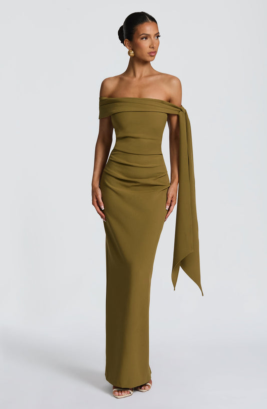 Amelièr Vorè | Chloe Maxi Dress Deep Olive Pleated Bardot